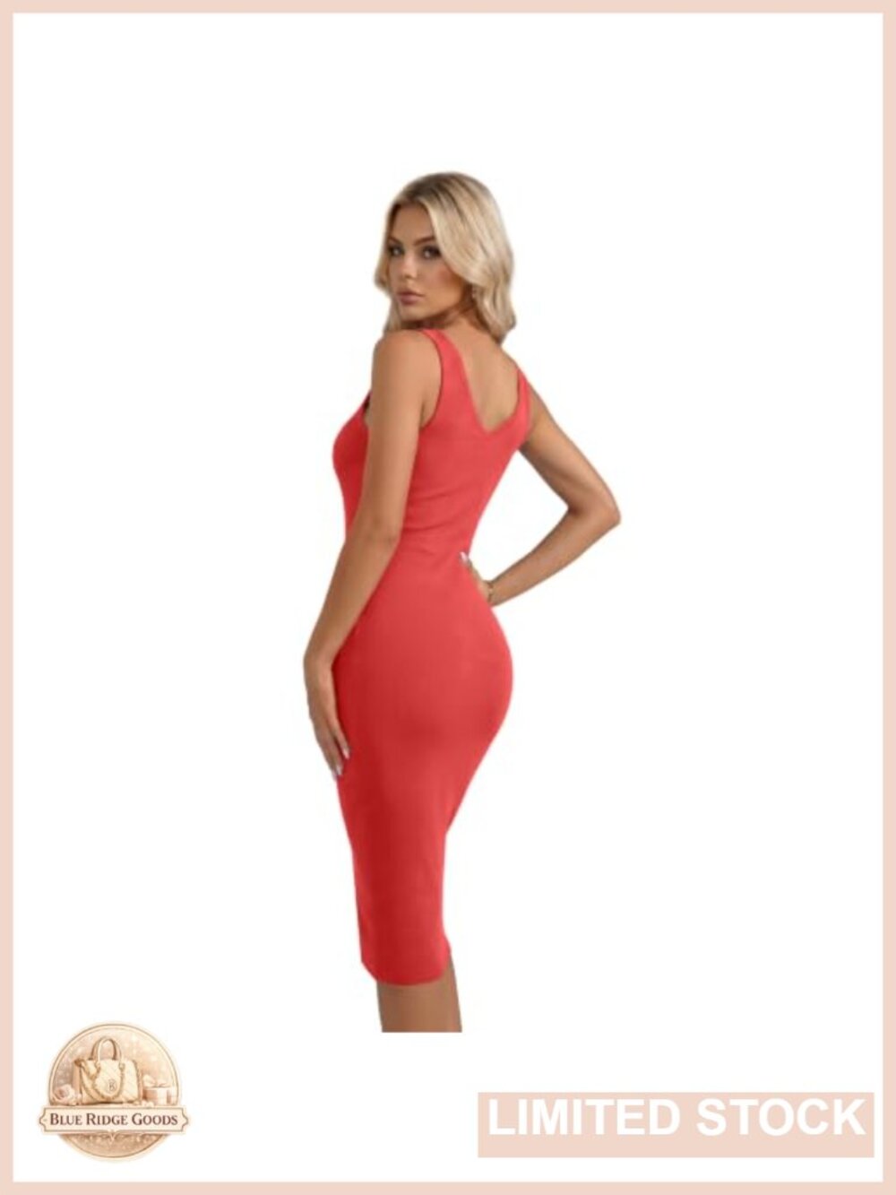 Ribbed Bodycon V-Neck Midi Dress, Sleeveless, Knit, Stretchy - Picture 3 of 6